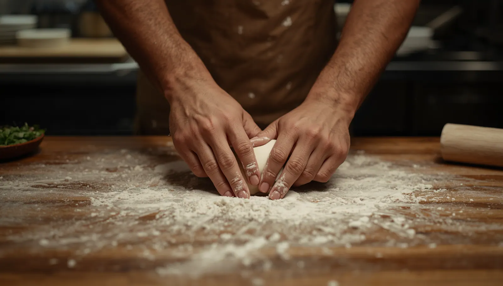 Manos amasando masa de pizza artesanal sobre una mesa de trabajo