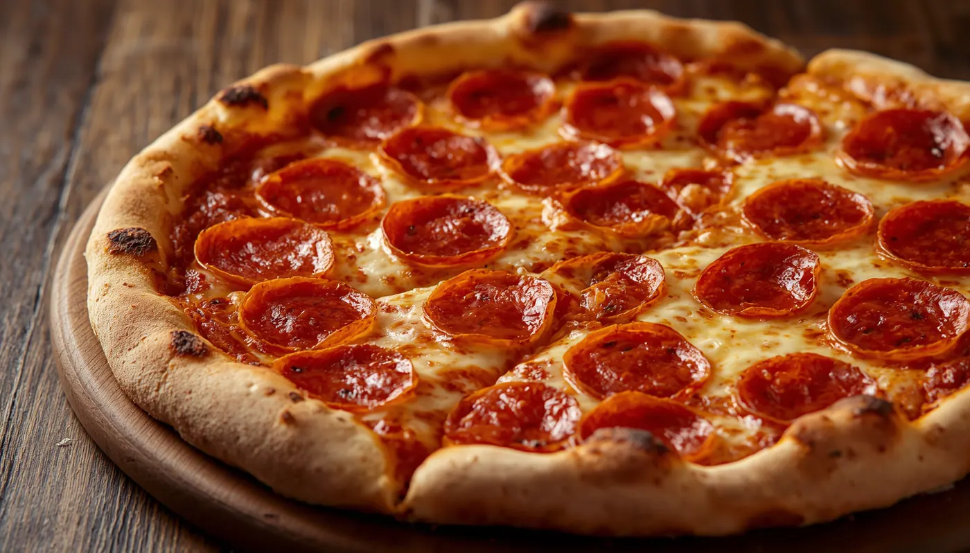Pizza Pepperoni Clásica recién horneada, protagonista del hero